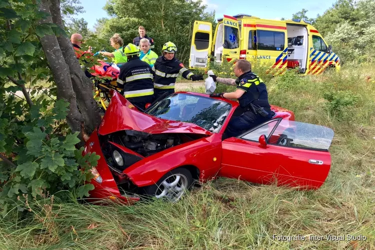 Cabrio tegen boom, twee gewonden